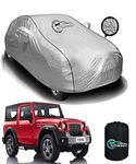 AUTOBIRSA Waterproof Car Body Cover for Mahindra Thar with Mirror and Antenna Pocket and Soft Cotton Lining (4 Side Elastic Triple Stitched & Metallic Silver with Black Piping Style)