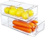 2 Pcs Refrigerator Organizer Bins, Clear Food Storage Bins with Pull-Out Drawers, Stackable Plastic Storage Containers for Fridge, Freezer, Pantry, Kitchen