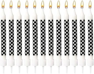 12pcs Racing Cars Themed Birthday Sparkler Candles, Black and White Checkered Flag Birthday Cake Candles Cake Topper Candle Birthday Cake Decorations for Racing Car Party Favors Baby Shower Kids Boys