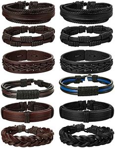 Jstyle 12Pcs Braided Leather Bracelet for Men Women Cuff Wrap Bracelet Adjustable Black and Brown (A:12Pcs), 7 inch, Leather