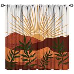 Boho Modern Blackout Curtains, Abstract Sunset Mountain with Green Leaf Leaves,Mid Century Minimalist Geometric Terracotta Yellow Nature Landscape Print for Living Room Bedroom 42x45 Inch