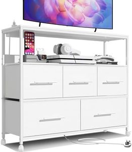 Adoture Dresser with Charging Station, Chest of Drawers for Bedroom with 5 Fabric Bins, TV Stand with Open Storage Shelf, TV Table with 4 Castors for Living Room, Hallway (White)
