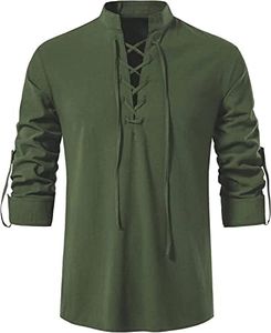 GRAJTCIN Long Sleeve Gothic Pirate Shirt Medieval Renaissance Halloween Costumes for Adult Steampunk Viking Costume for Men, Army Green, Medium