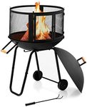 Costway 71cm Patio Fire Pit, Rolling Wood Burning Firepit w/Wheels & Handle, 2-Door Gate Design, Heavy-Duty Steel Frame, Wire Mesh for Ventilation, Mobile Patio Firepit for Camping, Barbecue