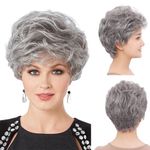 BESTUNG Old Middle Age Women's Short Silver Wig Grey Synthetic Fiber Hair Wigs For Mother Grandmother Grandma with Comfort Breathable Cap