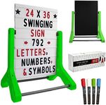 Swinging Changeable Message Sidewalk Sign: 24" x 36" Sign with 792 Pre-Cut Double Sided Letters and Storage Box. Includes Black Sign Board & 4 Liquid Chalkboard & Letter Board (Green Color Legs)