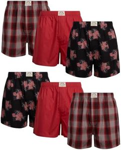 Lucky Brand Men's Underwear - 100% Cotton Woven Boxers with Functional Fly (6 Pack), Size Medium, Silver Filigree Plaid/Jet Black Print/Tandori Spice