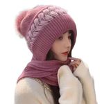 SYGA Women Winter Knitted Warm Hat With Scarf,Ear Protection Pompom Woolen Hat For Adult (Leather Pink, Free Size)