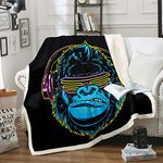 3D Gorilla Sherpa Blanket Headphone Gorilla Fleece Throw Blanket for Kids Boys Girls Wild Animal Pattern Plush Blanket Watercolor Blue Design Fuzzy Blanket for Sofa Bed Couch,Baby 30x40 Inches