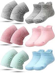 6 Pairs Baby Knee Crawling Pads Anti-Slip Knee Protectors Toddler Infant Boys Girls Non-Slip Socks, Pink, Light Green, Light Blue, Light Gray, One Size