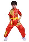 Boys Girls Kung Fu Master Tai Chi Dragon Chinese Uniform Top Shirt Pants Set Outfit, Red, 5-6 Years