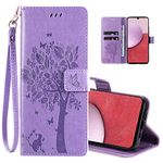 for Galaxy A15 5G Phone Case Wallet,Women Flip Folio Cover with Credit Card Holders Embossed Tree Cat Flower PU Leather Kickstand Wrist Strap Purse Pocket Case for Samsung Galaxy A15 5G Light Purple