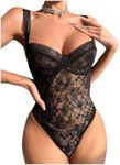 OYOANGLE Women's One Piece Lingerie Lace Bodysuit Sweetheart Neck Teddy Babydoll Nightgowns Black Small