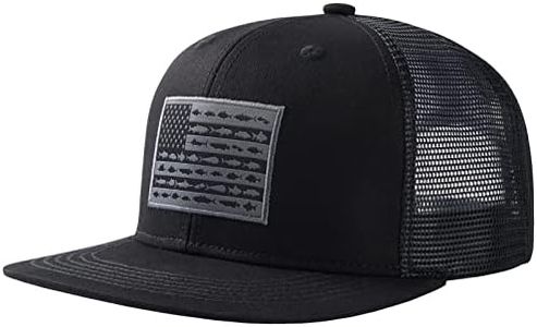 BASSDASH Flat Brim Trucker Cap Adjustable Snapback Hat Mesh Back for Men Women (Black/Fish Flag)