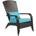 Outsunny Patio Wicker Adirondack Chair, PE Rattan Outdoor Muskoka Chair, Fire Pit Chair with Cushions for Patio, Garden, Backyard, Poolside, Balcony, Deck, Turquoise