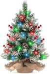 Christmas Tree, Pre-lit Small Xmas Tree with 30 LED String Lights Locking Snow Frost Tips with Berries and Pine Cones Tabletop Christmas Tree Mini Artificial Tree for Christmas Decoration 20inch/52cm