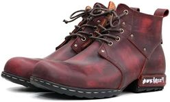 Psanfawq Men’s Motorcycle Boots,Casual Hard Wide Round Toe Cowboy Boots,Fashion Riding Leather Boots For Men Lace Up,Men Combat Boots Cowhide Vintage red HF001-1-Vintage Red-8.5