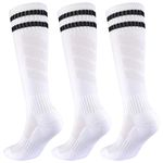 3 Pairs Boys Soccer Socks Kids Football Socks Girls Knee High Socks Baseball Softball Athletic Sports Tube Stockings Kids (White, S)