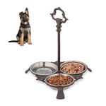 Relaxdays Cast Iron Feeding Station for Cats & Dogs, 3 Stainless Steel Bowls, Antique, Handle, Outdoor, Dark Brown, 1 Item