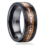 NUNCAD 8mm Tungsten Rings for Men Black Tungsten Carbide Rings Inlaid Barrel Wood Antler Wedding Bands Edge Hammered Engagement Ring Promise Rings Comfort Fit Size X1/2