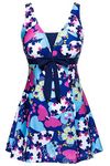 ECUPPER Womens Plus Size Skirted Swimsuit Floral Printed Swimwear Padded Swim Suit Dress with Boy Shorts Dark Blue XL