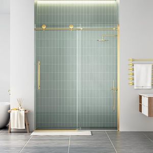 WinZo Frameless Shower Door 56-60 in W x 75 in H, Sliding Shower Door with 5/16"(8mm) Clear Tempered Glass Shower Doors, Easy to Clean Bathroom, Silent Soft-Close Design, Brushed Gold
