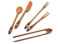 American Made 5-Piece Wild Cherry Wooden Appetizer Serving Set, Cathedral Collection: Olive Fork, Pickle Fork, Spoon, Tongs, Spreader