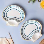 Nestasia Set of 2 Ceramic Shell-Shaped Snack Plate with Dip Section for Chutney | Microwave & Dishwasher Safe Starter Plates | Perfect for Fries, Momos, Sushi, Kebab (White & Blue)