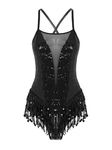 vastwit Womens One Piece Tassels Shiny Sequins Ballroom Latin Dance Leotard Flowy Fringe Bodysuit Dancewear Black E Large