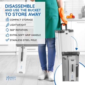 SqueezyPeasy Flat Mop and Bucket Set – 3-Chamber, 5 Microfibre Pads, 360° Rotating Head
