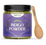 OurHerb Pure & Organic Indigo Leaves (Indigofera Tinctoria) Powder for Natural Hair Colouring, Hair Colorant Black/Brown Hair & Beard Dye/Color with Wooden Spoon - 200g | 7 Oz