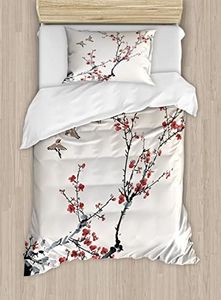 Ambesonne Nature Duvet Cover Sets, Flowers Buds and Birds with Cherry Branches Style Art Painting Effect, Bedding Set with 2 Duvet Covers & 2 Pillowcases, 2 Pack Twin Size, Burgundy Black