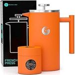 Coffee Gator French Press - Large, Insulated, Stainless Steel Manual Coffee Maker for Home & Camping w/Mini Canister- Serves 4 Cups - Orange (34 oz)