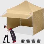 ABCCANOPY 3x3m Pop Up Gazebo with Detachable Awning, Commercial Market stall with Side Panels and Door Wall, Bonus Upgraded Roller Bag, 4 Weight Bags, Stakes and Ropes, Beige