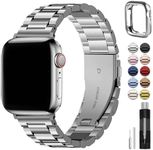 Fullmosa Compatible with Apple Watch Straps Series 9 8 7 45mm Ultra 49mm Series 6 SE/SE2 5 4 44mm Series 3 42mm Metal Stainless Steel Replacement iWatch Bands Silver & Protective Case