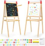 GAOMON Art Easel for Kids, Wooden Dry Erase Easel w/Large LCD Board & Magnetic Whiteboard, Paper Roll, Adjustable Height & Accessories, Double-Sided Drawing Standing Easel for Boy Girl Aged 3+