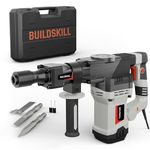 BUILDSKILL 6.3kg Demolition Hammer with 1500W copper motor | 360° rotating handle | 3000 RPM | LED indicator | Hex point & flat chisel for breaking & grooving | 15J heavy duty concrete breaker machine