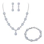 EleQueen Bridal Inspired Teardrop Necklace Set Tennis Bracelet Dangle Earrings V Shape Cubic Zirconia for Women Girls Clear