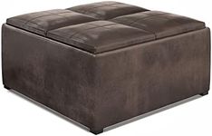 SIMPLIHOME Avalon 35 inch Wide Contemporary Square Coffee Table Storage Ottoman in Distressed Brown Vegan Faux Leather for the Living Room and Bedroom