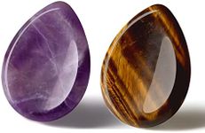 2PCS Thumb Worry Stone Amethyst Tiger's Eye Healing Crystals Sets Hand Carved Stones Gemstone Pocket Natural Stone Meditation Reiki Water Drop Shaped Palm Stone for Anxiety Therapy