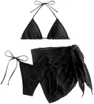 GORGLITTER Women's 3 Piece Swimsuits Halter Triangle String Bikini Set with Beach Skirt Swimwear Set Black X-Large