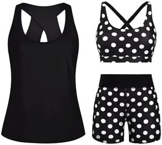 HUSKARY Women's Tankini 3 Piece Tummy Control Swimsuits Loose Fit Swim Tank Top with Sporty Boy Shorts Black Polka Dots 16W