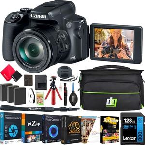 Canon PowerShot SX70 HS 20.3MP Camera Bundle with Deco Gear Camera Bag, 2 Pack Vivitar LP-E12 Replacement Batteries, Lexar 128GB SDXC Memory Card, and TechSmart Professional Editing Software Suite