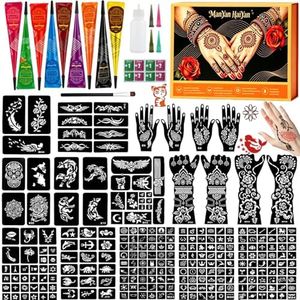 Temporary Body Art Tattoo Kit with 9 Colors Cones,Large18 Reusable Stencils