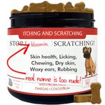 Allergy relief dog treats. Stops scratching, licking, rubbing, chewing, sore skin. Relief within 30 days. Great taste. Quick and easy. 90 tablets. Stop Bloody Scratching (Pork)