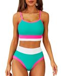 CharmLeaks Women High Waisted Bikini Sets Sporty Color Block Two Piece Swimsuit Bathing Suits Swimwear Aqua M