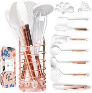 White and Copper Cooking Utensils with Stainless Steel Copper Utensil Holder - 16-Piece Set Includes White and Copper Measuring Cups and Spoons : Copper/Rose Gold Kitchen Accessories