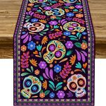 Dia De Los Muertos Table Runner Cinco de Mayo Rustic Linen Mexican Sugar Skull Day of The Dead Altar Decoration for Home Kitchen Dining Room (13" x 72")