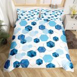 Erosebridal Geometry Hexagon Bedding Sets Queen Navy Blue Comforter Cover, Watercolor Honeycomb Bed Set Abstract Tie Dye Duvet Cover, Luxury Gold Hexagon Quilt Cover Microfiber (Zipper Closure)