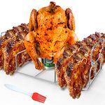 Stainless Steel Beercan Chicken Roaster and Rib Rack with a Silicone Oil Brush, Rectangle BBQ Stand for Smoker,Oven and Grill, Hold Up to a Whole Chicken and 4 ribs at a time